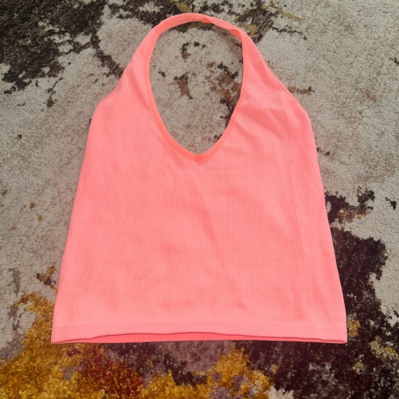 Coral Halter Neck Ribbed Top - Picture 1 of 4